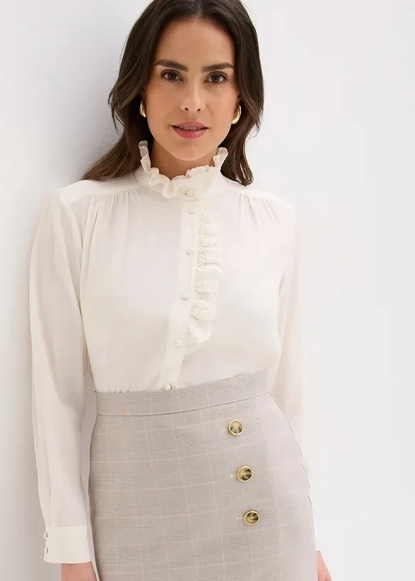 White Ruffle Blouse and Pencil Skirt with gold hoop earrings
