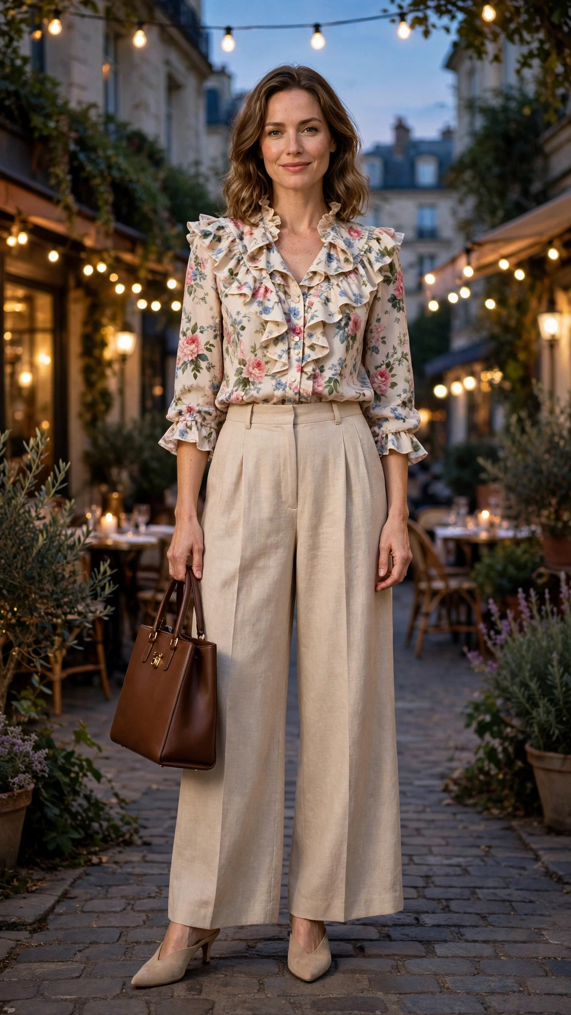 Floral Ruffle Blouse and Wide-Leg Trousers with a structured tote