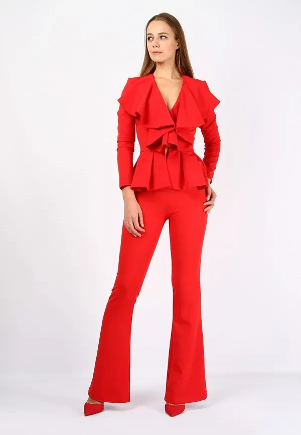 Red Ruffle Blouse and Wide-Leg Trousers with a red clutch