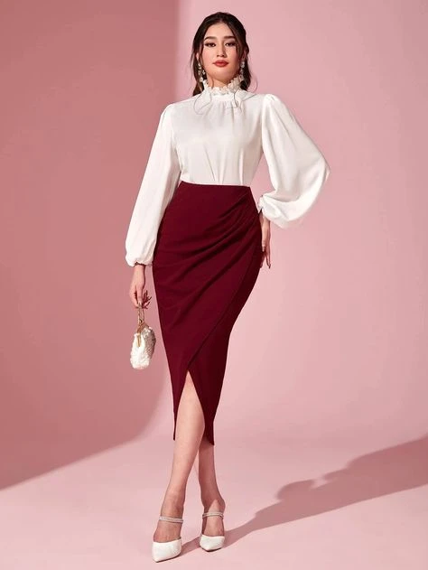 White Ruffle Blouse and Satin Skirt with a burgundy clutch