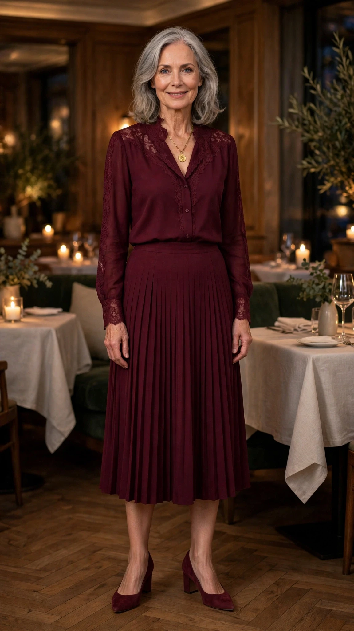 Wine Lace-Trim Blouse and Midi Skirt with a gold pendant necklace