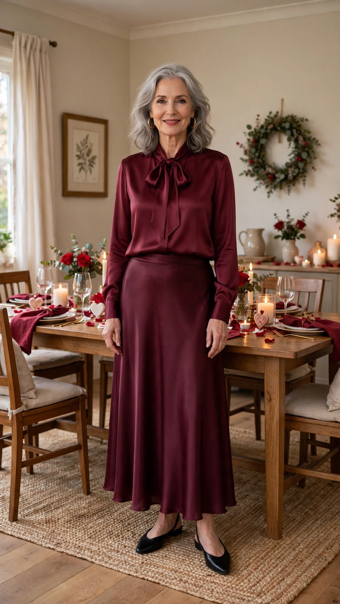 Wine Bow Blouse and Satin Skirt with gold hoop earrings
