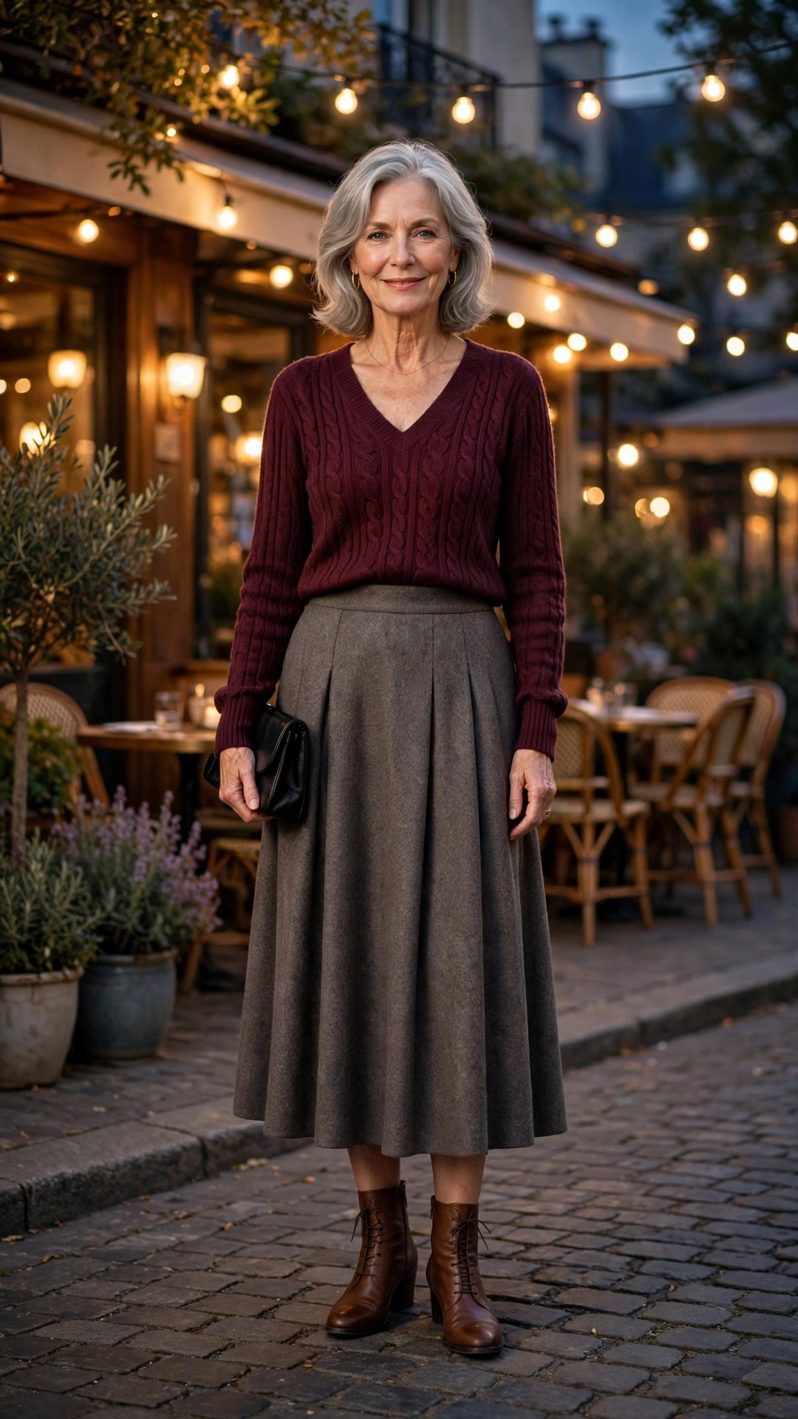 Wine Knit Blouse and Wool Skirt with a small black clutch