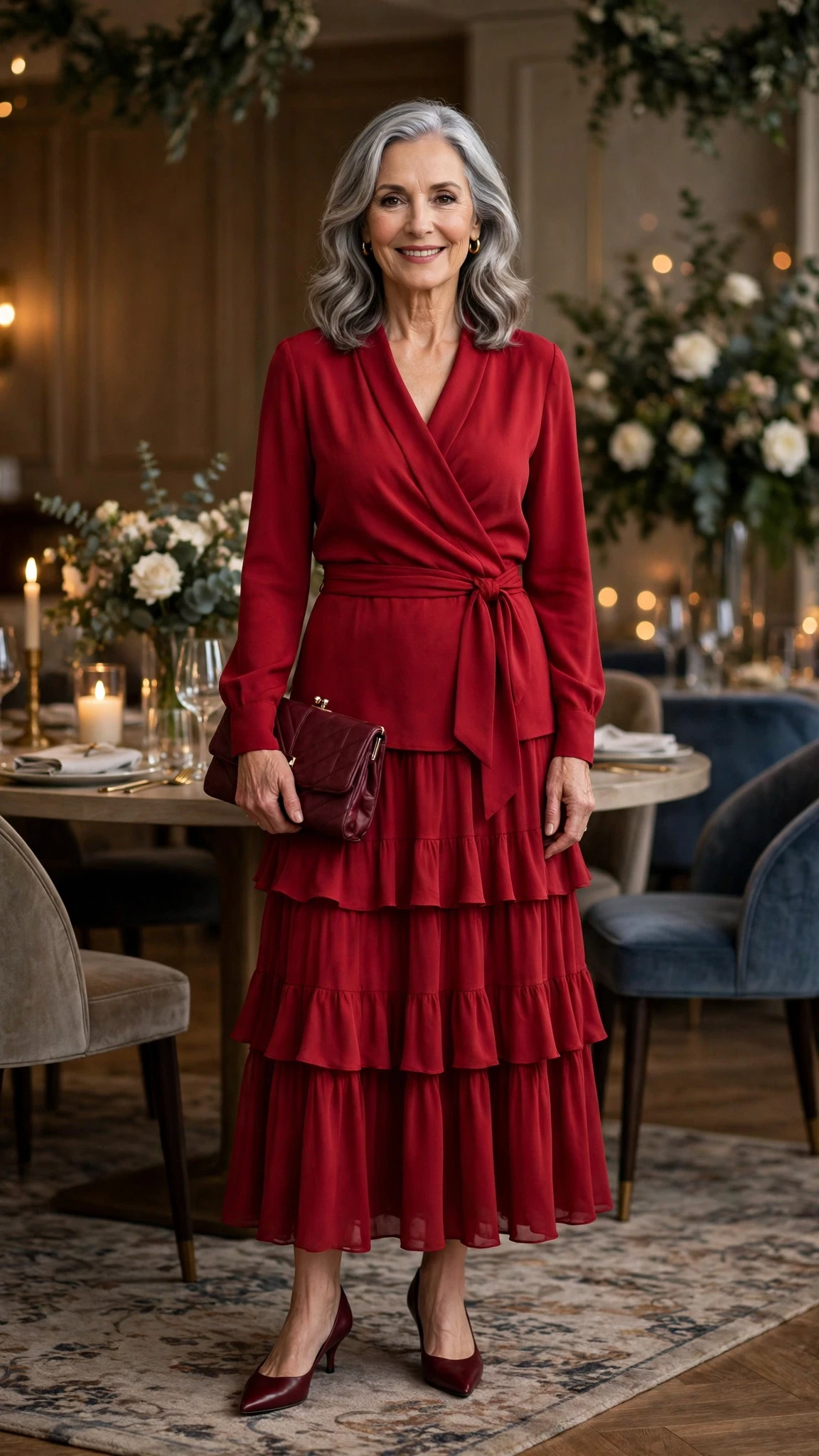 Crimson Wrap Blouse and Tiered Skirt with a burgundy clutch