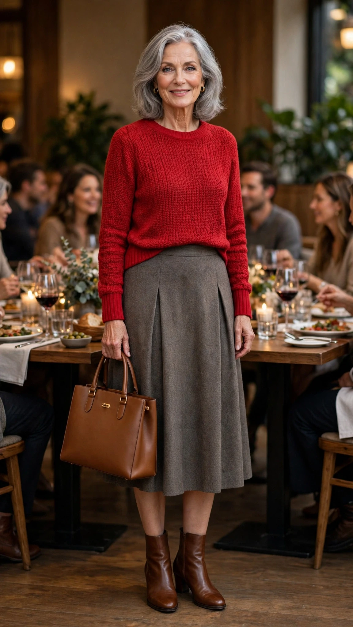 Red Knit Blouse and Wool Skirt with a structured tote