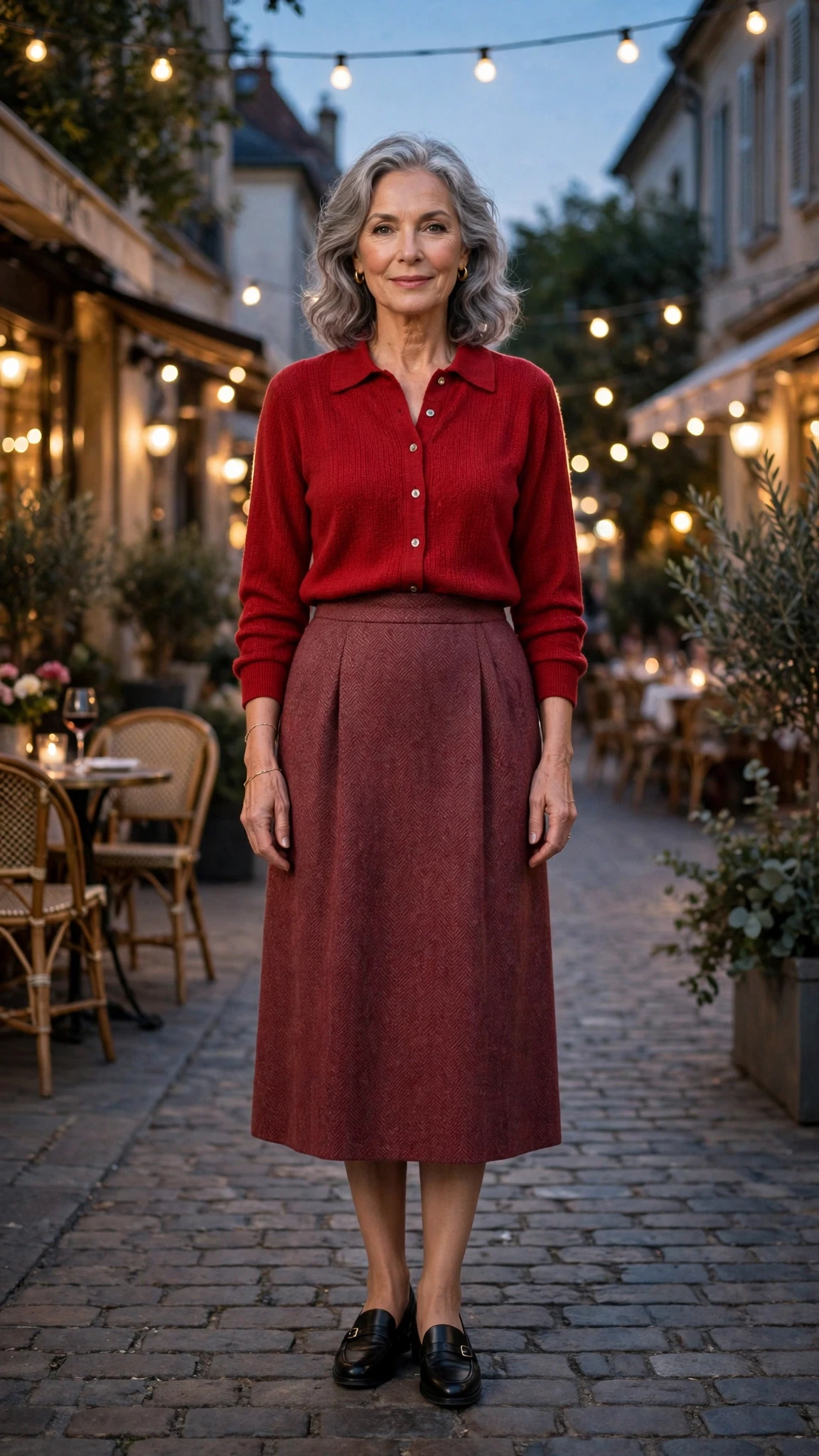 Red Knit Blouse and Wool Skirt with a delicate gold bracelet