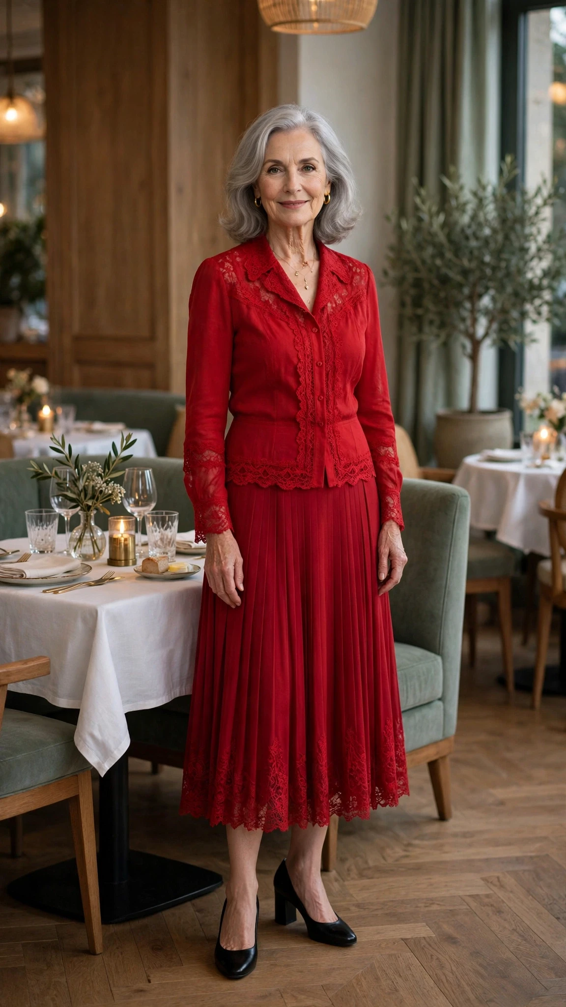 Red Lace-Trim Blouse and Midi Skirt with black block-heel pumps