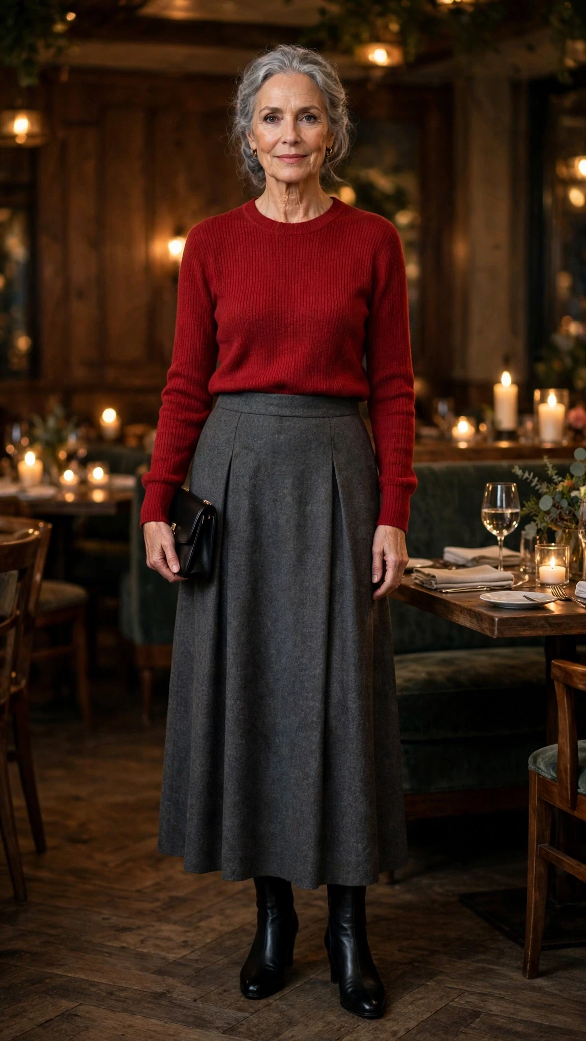 Red Knit Blouse and Wool Skirt with a small black clutch