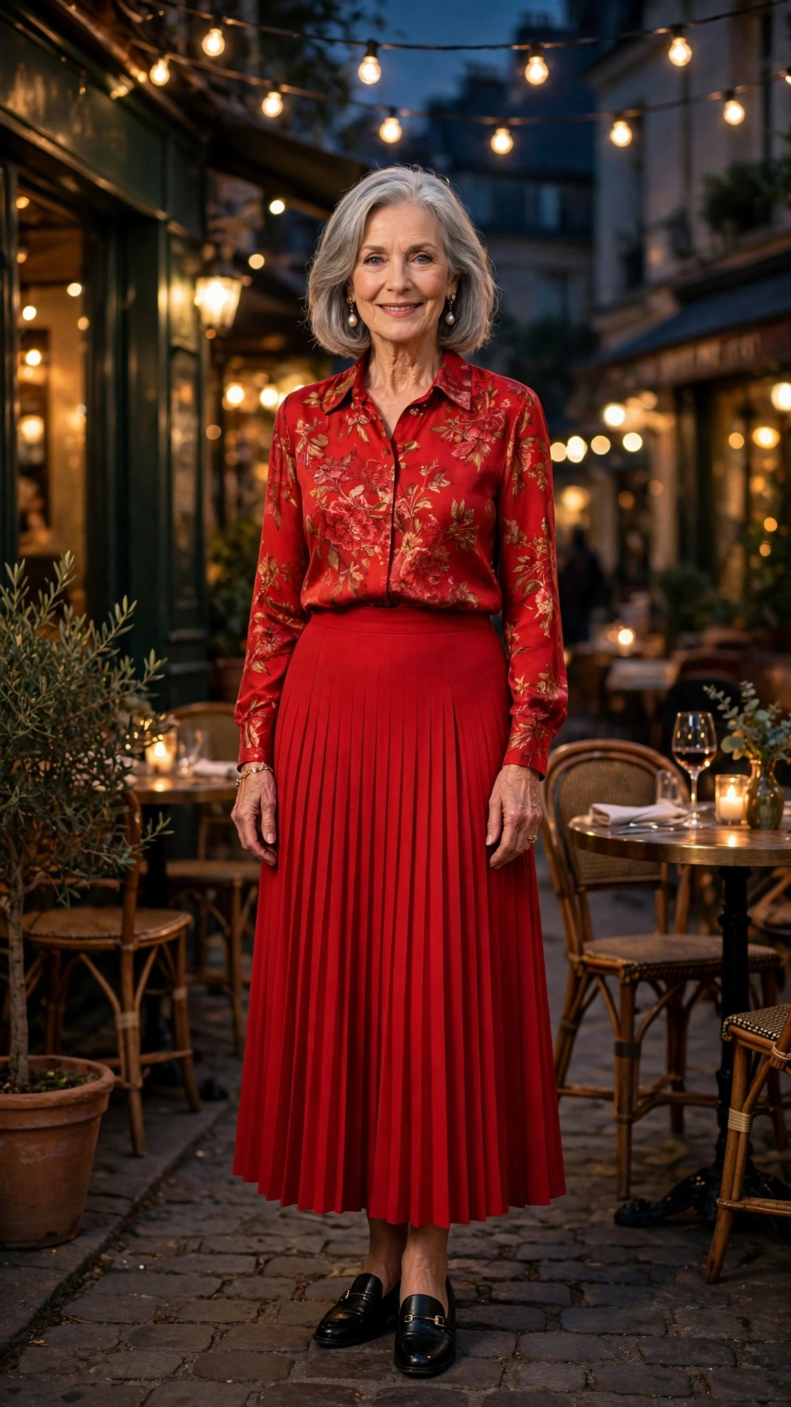 Scarlet Printed Blouse and Red Skirt with pearl drop earrings