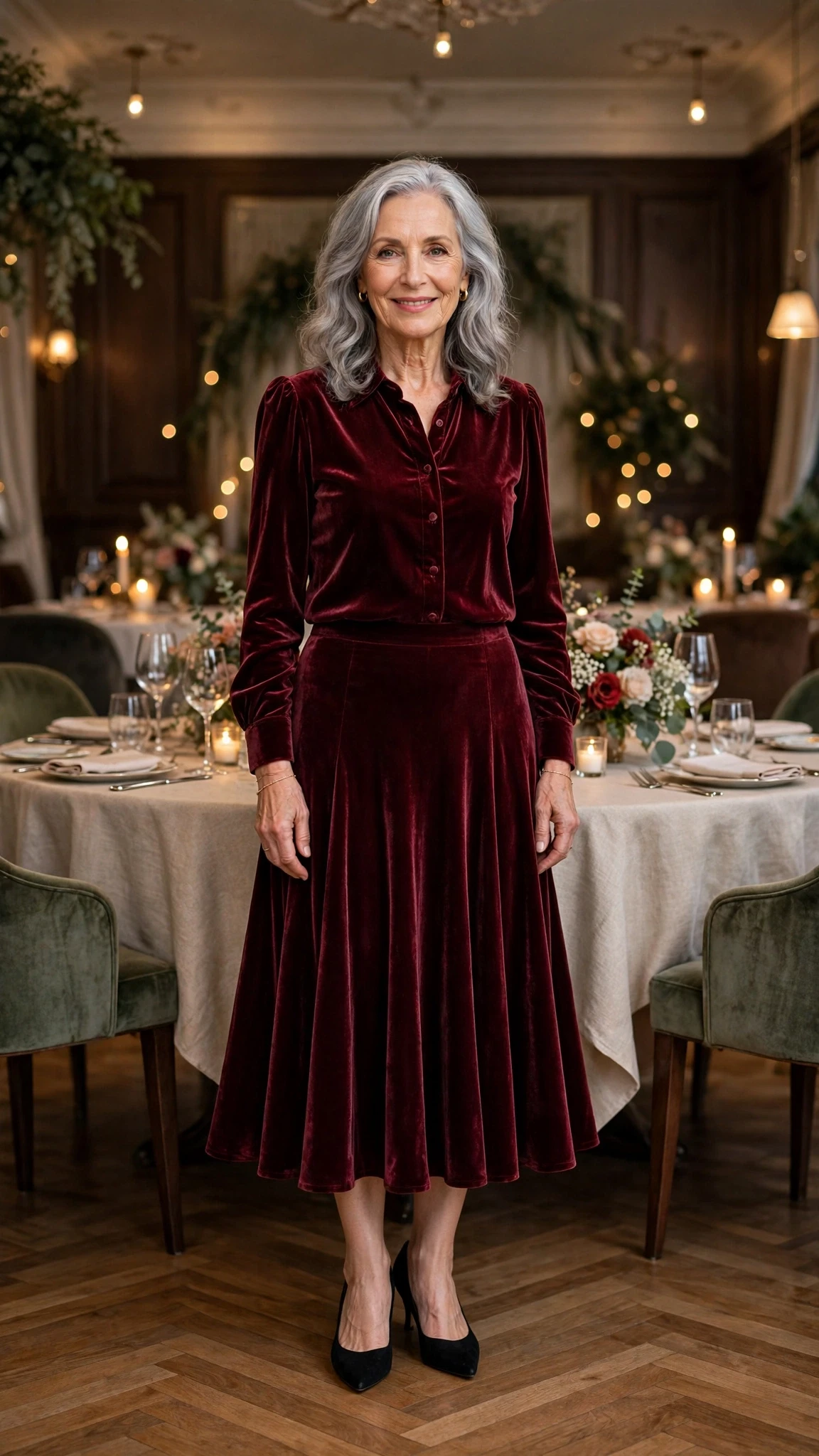 Wine Velvet Blouse and Flared Skirt with a delicate gold bracelet