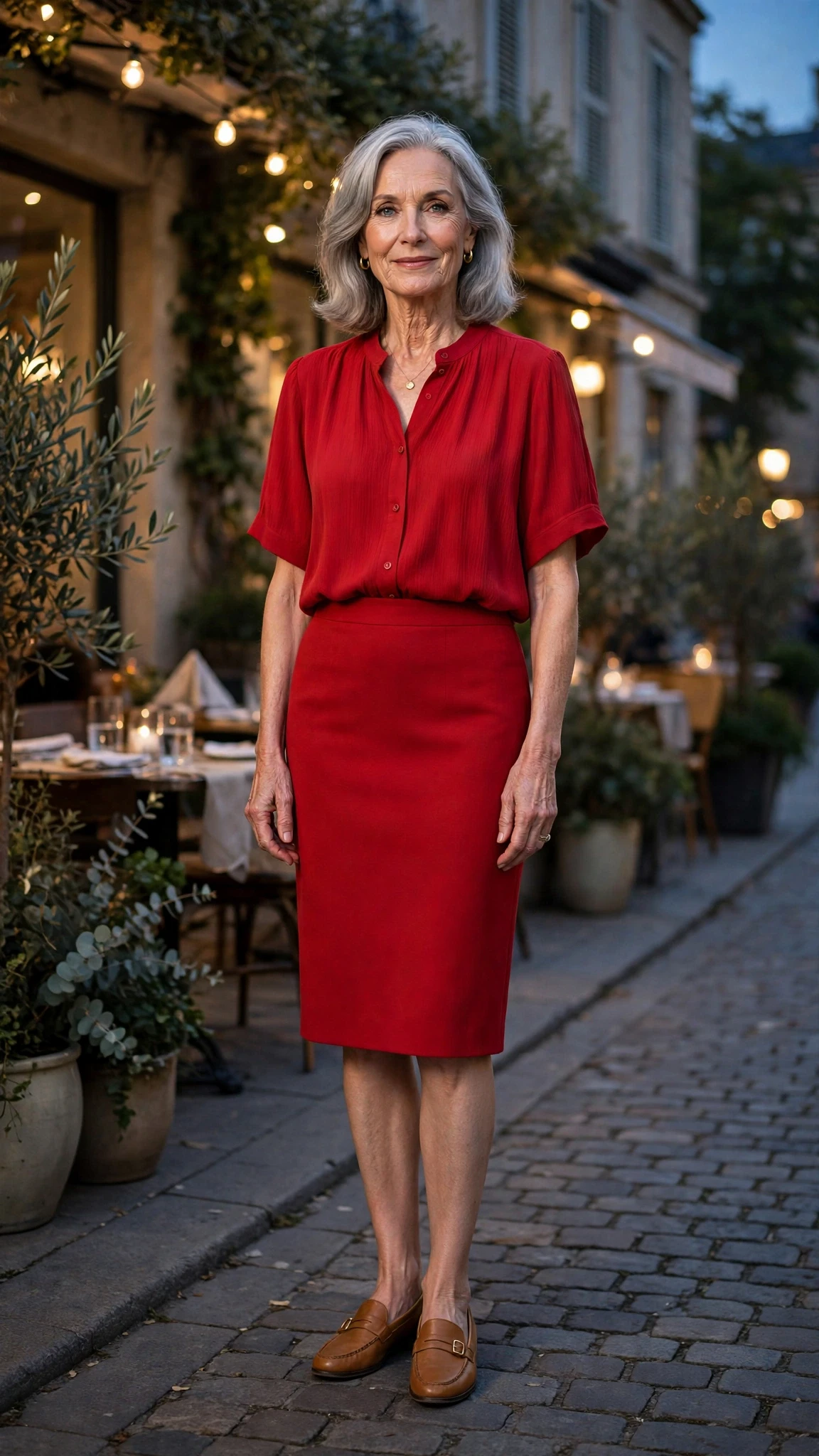 Red Crepe Blouse and Pencil Skirt with tan leather loafers