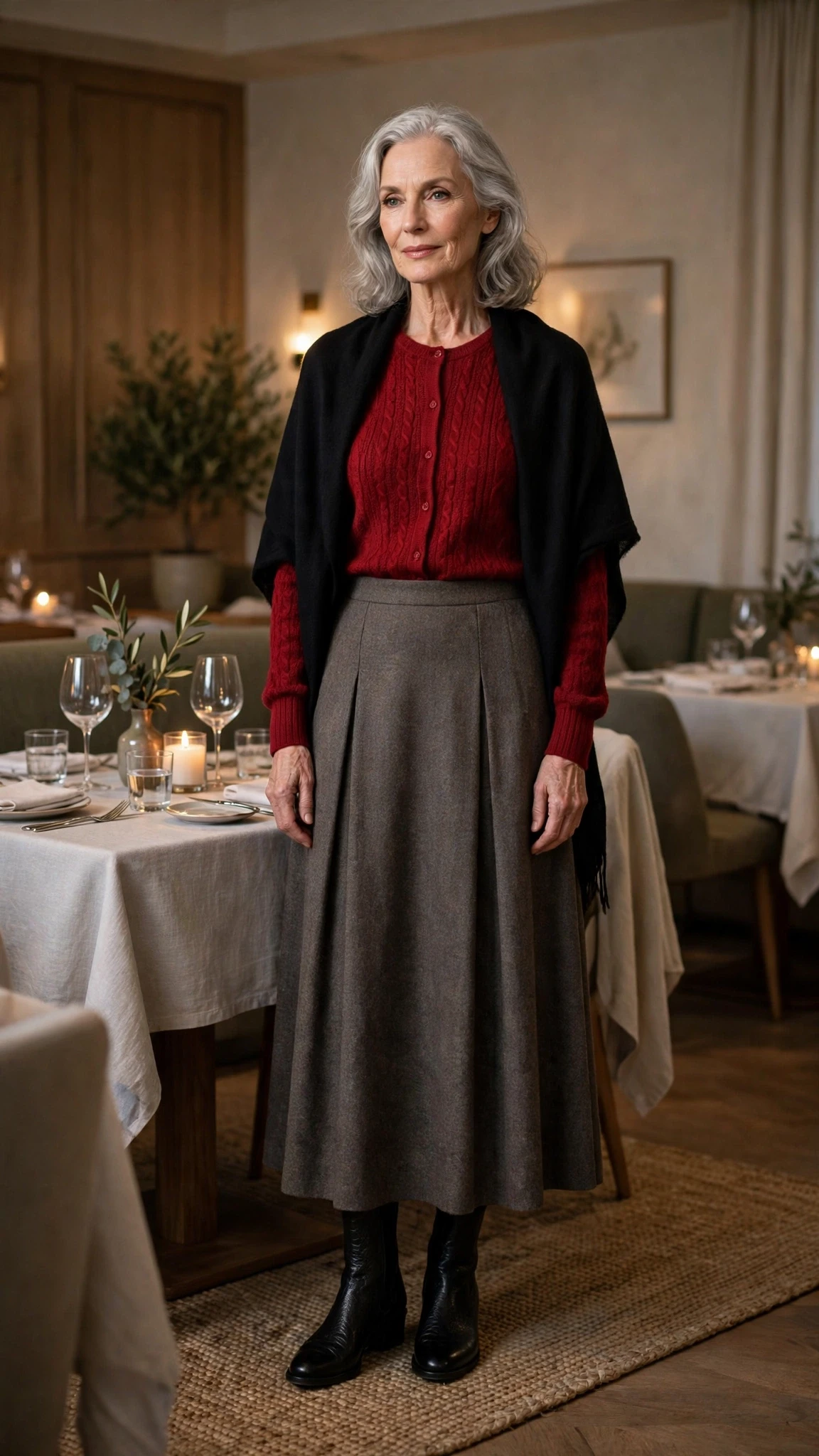Cherry Knit Blouse and Wool Skirt with a soft black shawl