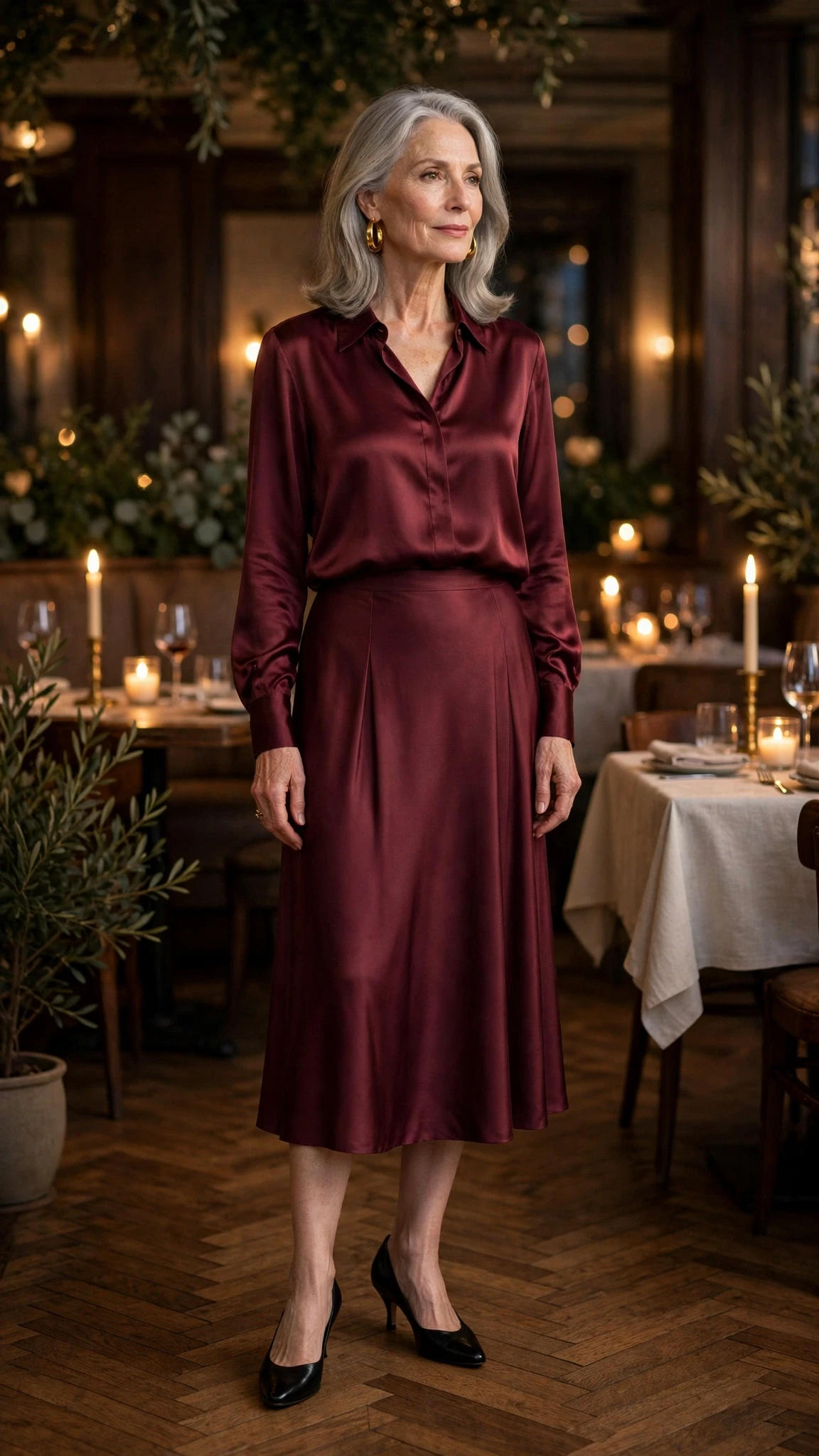 Wine Silk Blouse and Midi Skirt with gold hoop earrings