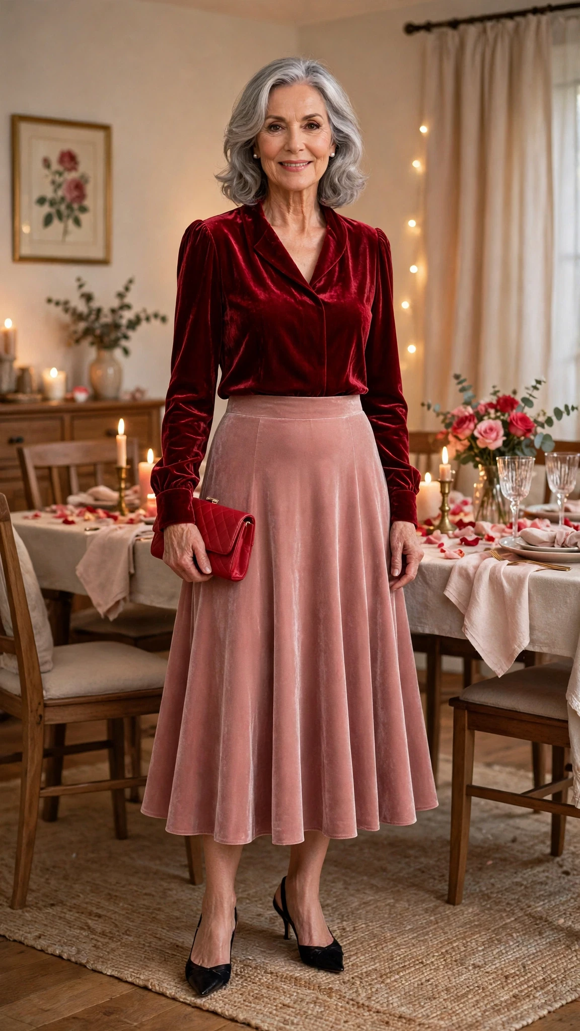Cherry Velvet Blouse and Flared Skirt with a red clutch