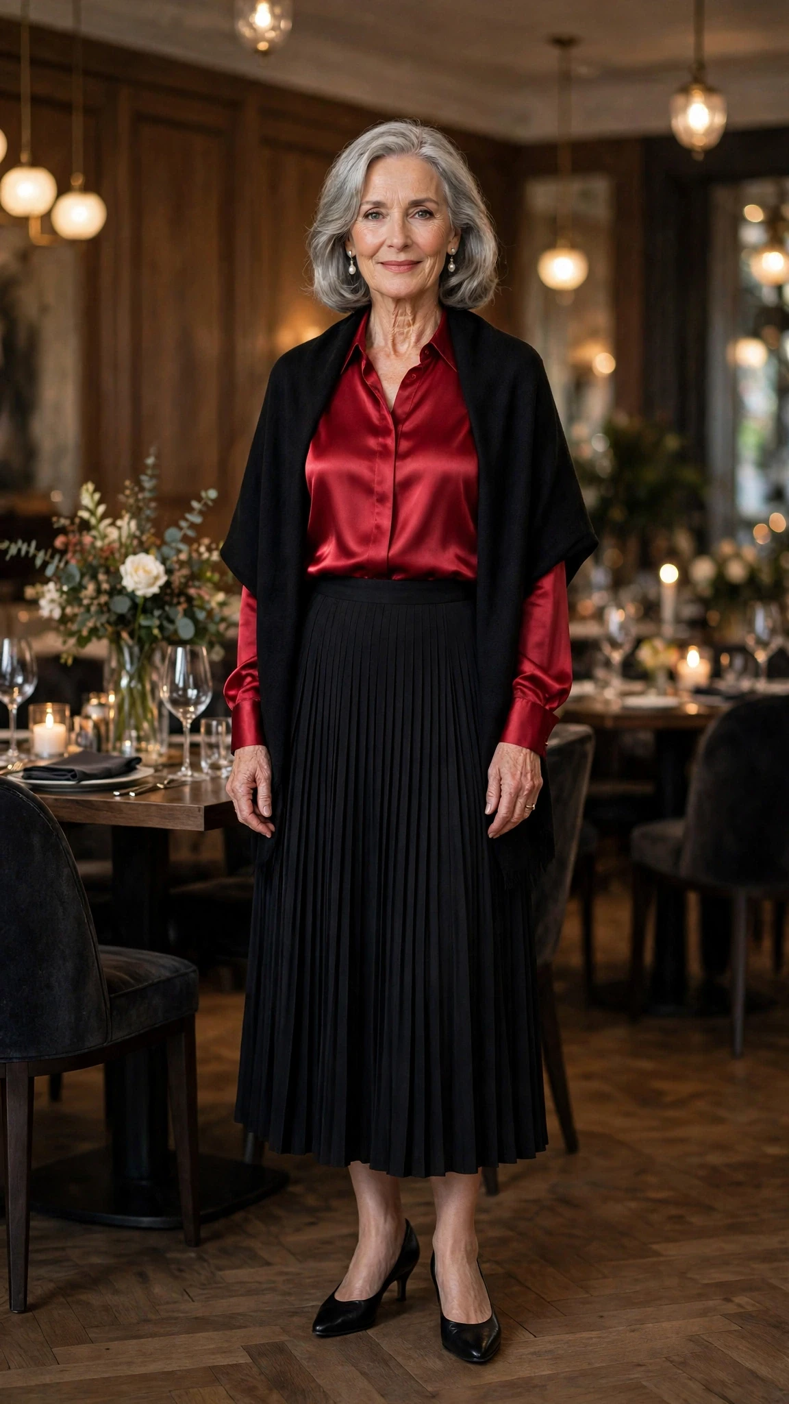 Cherry Satin Blouse and Pleated Skirt with a soft black shawl
