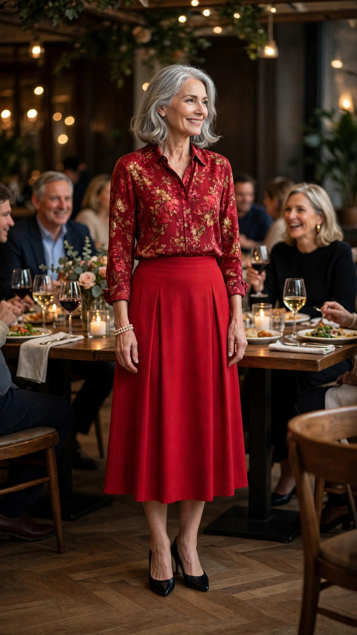 Ruby Printed Blouse and Red Skirt with a pearl bracelet
