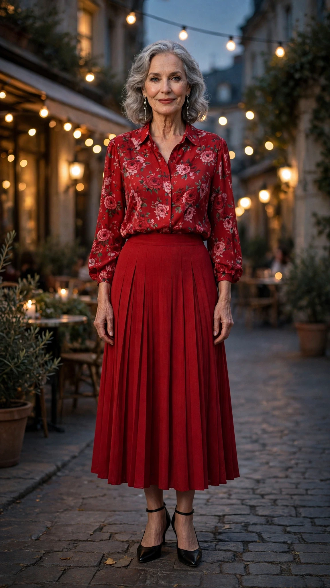 Red Printed Blouse and Red Skirt with silver drop earrings