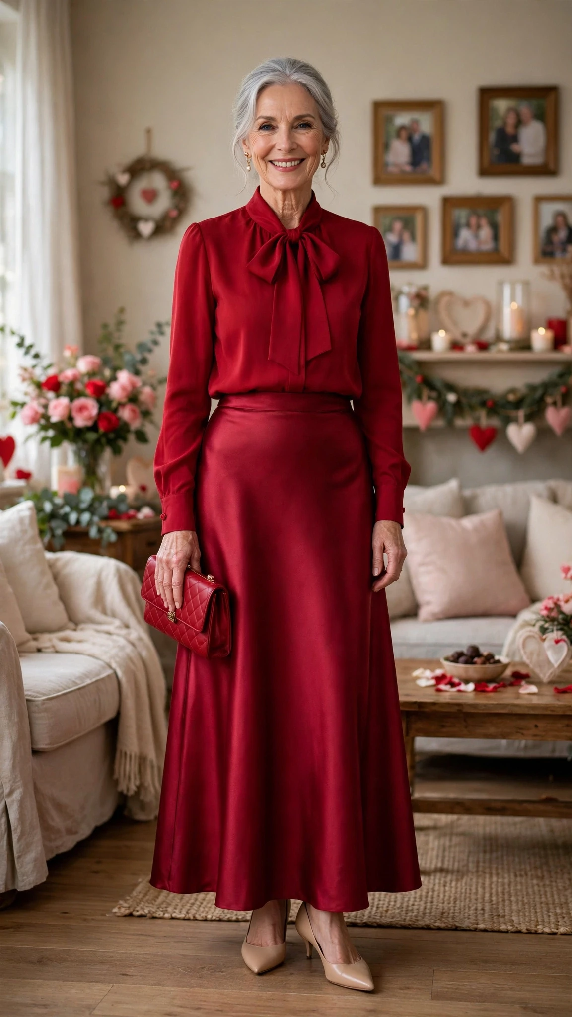 Ruby Bow Blouse and Satin Skirt with a red clutch