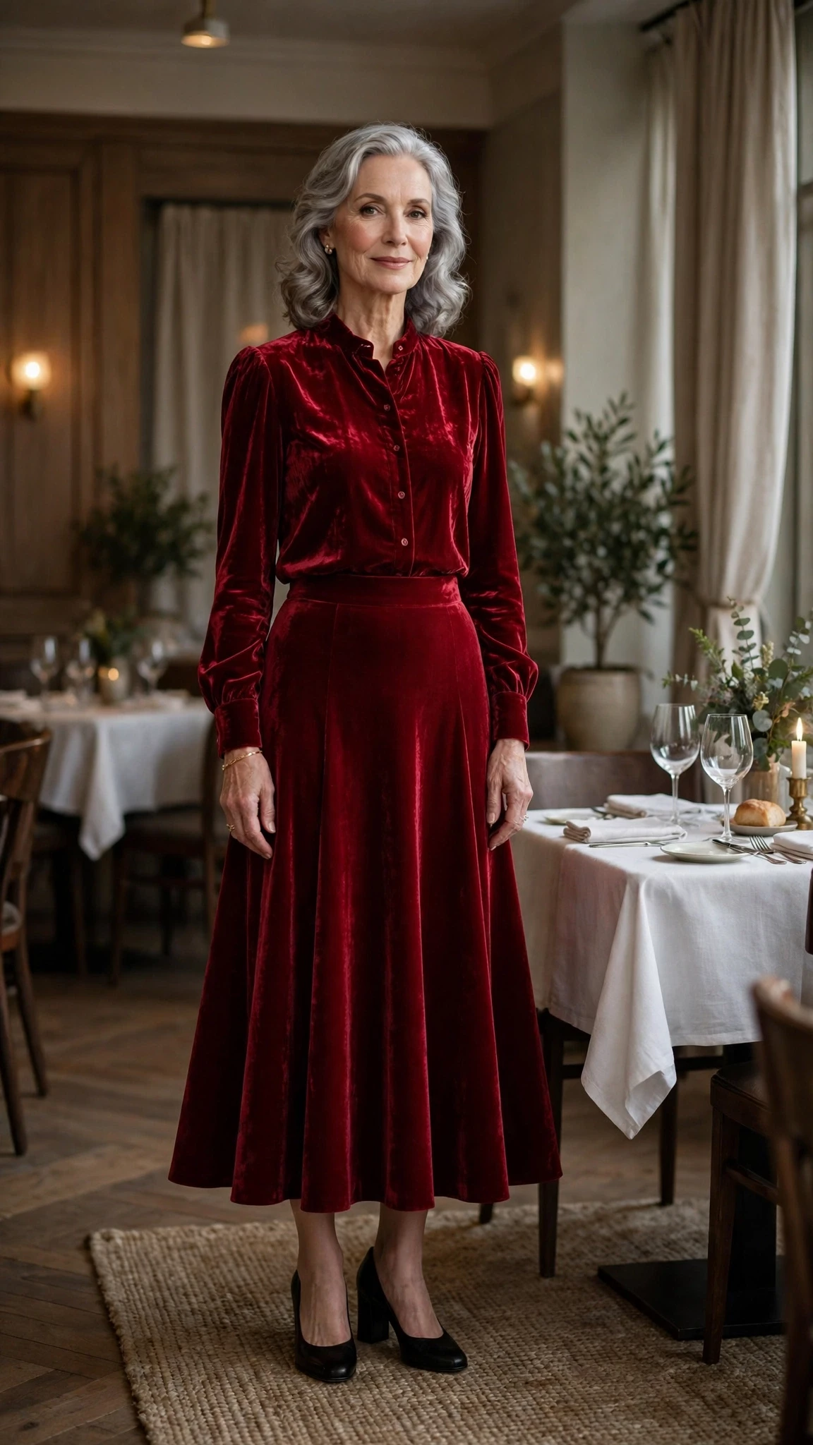 Ruby Velvet Blouse and Flared Skirt with black block-heel pumps