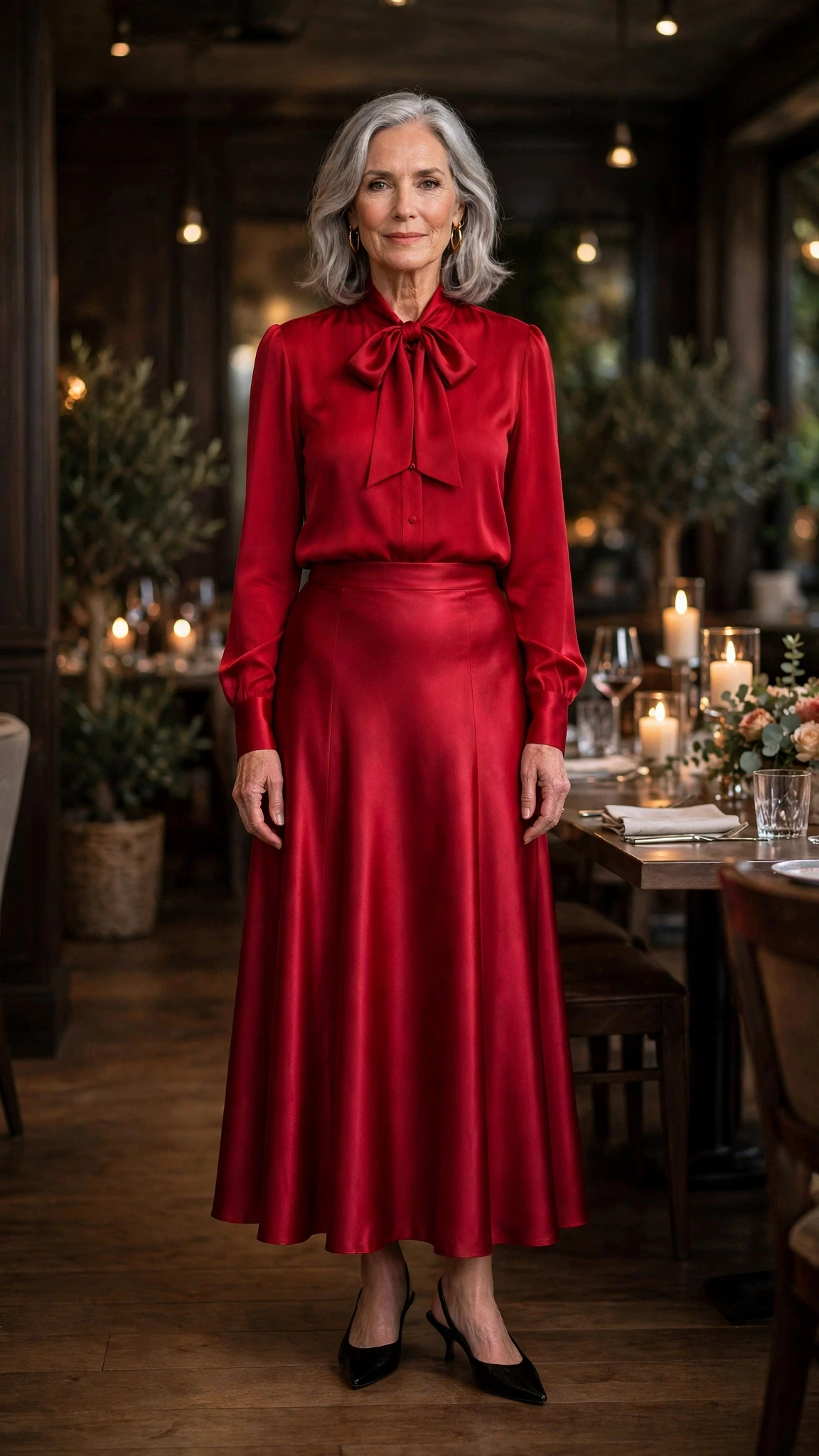 Crimson Bow Blouse and Satin Skirt with gold hoop earrings