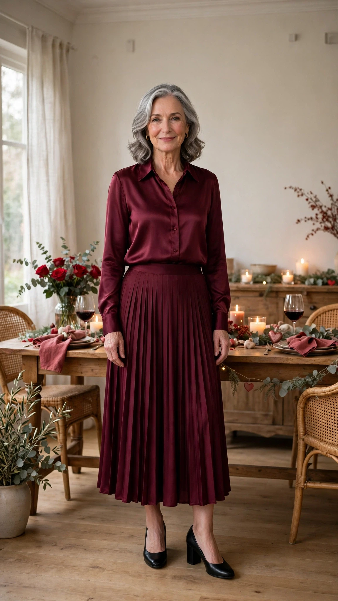 Wine Satin Blouse and Pleated Skirt with black block-heel pumps