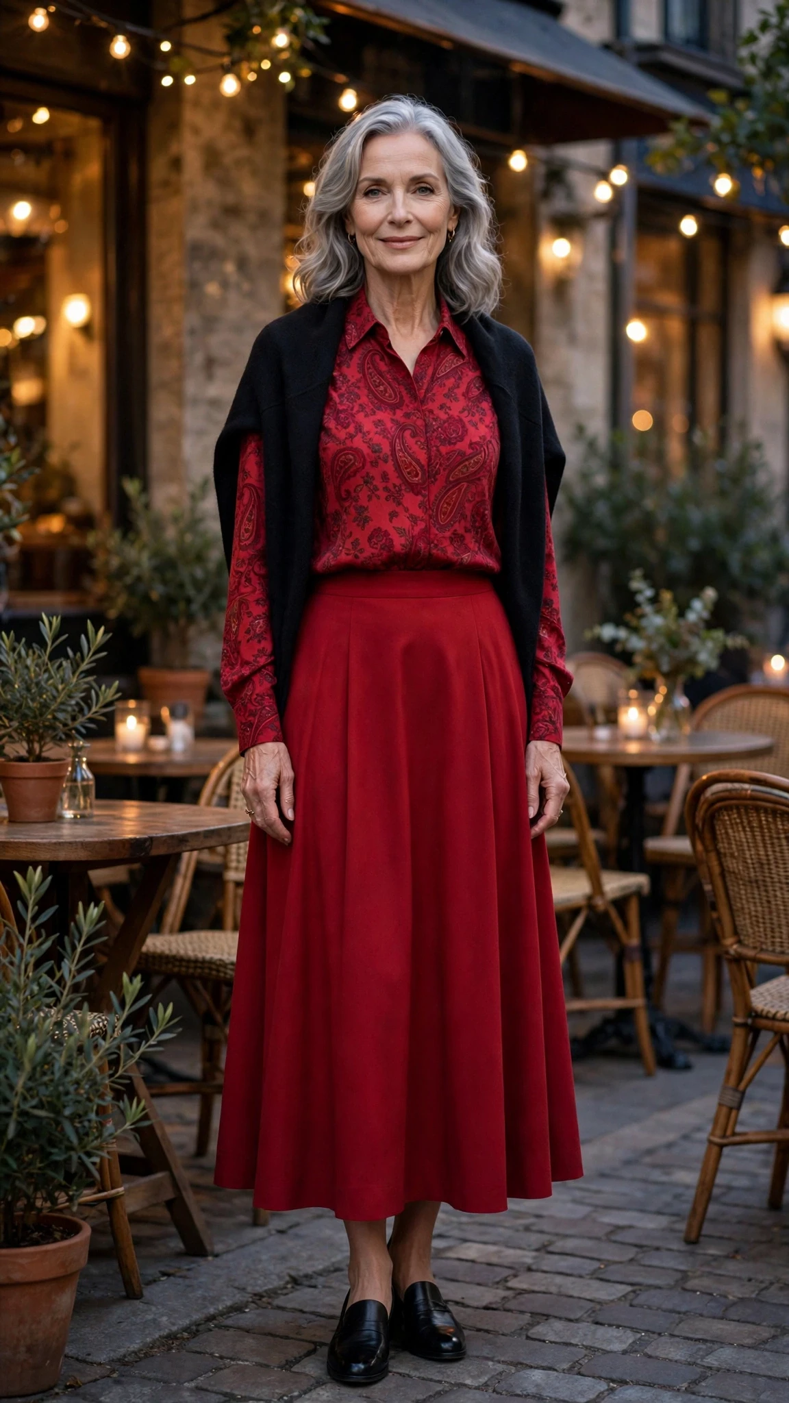 Ruby Printed Blouse and Red Skirt with a soft black shawl
