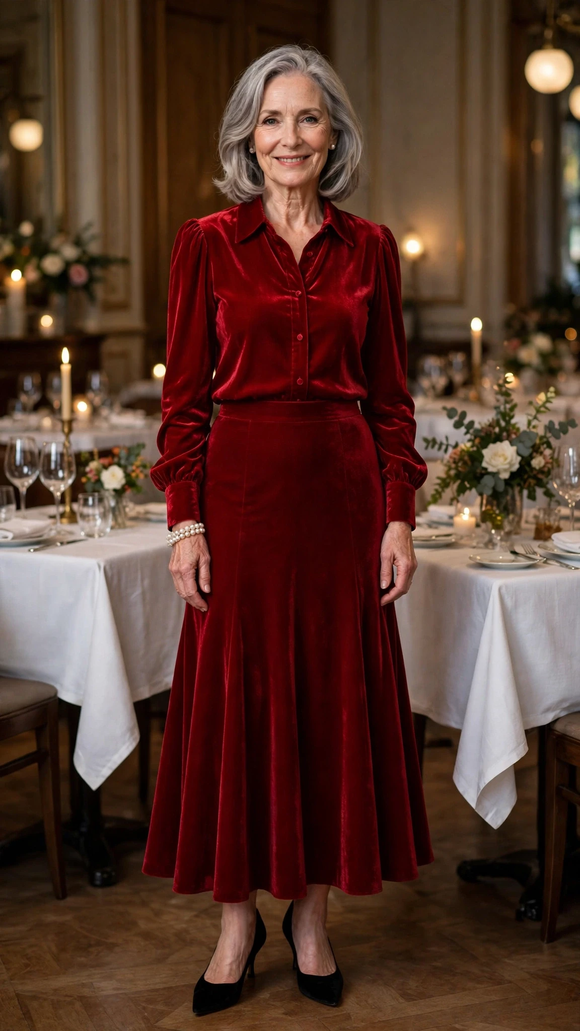Red Velvet Blouse and Flared Skirt with a pearl bracelet