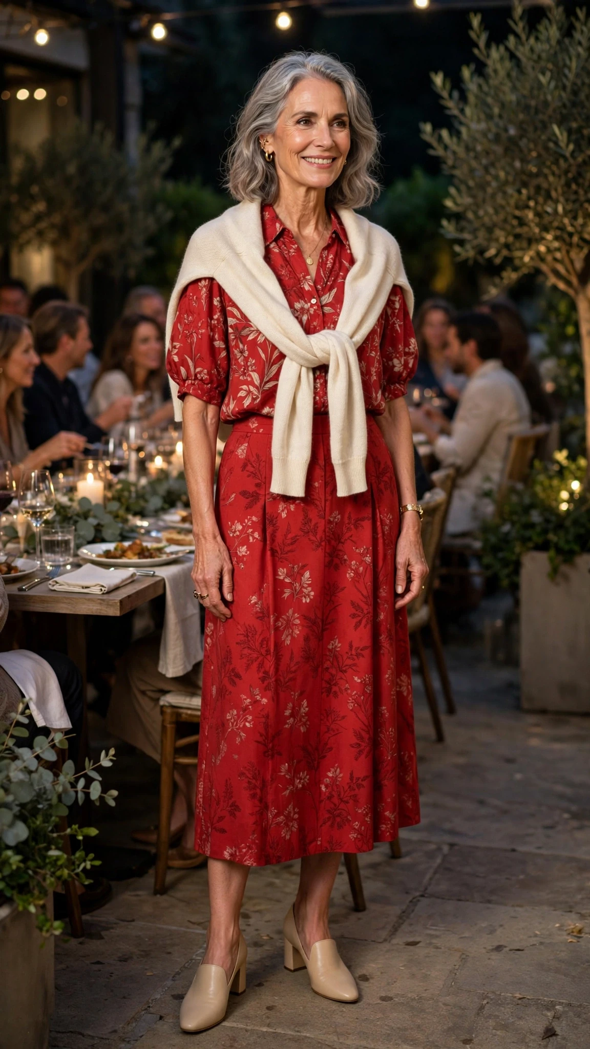 Red Printed Blouse and Red Skirt with a cream wrap
