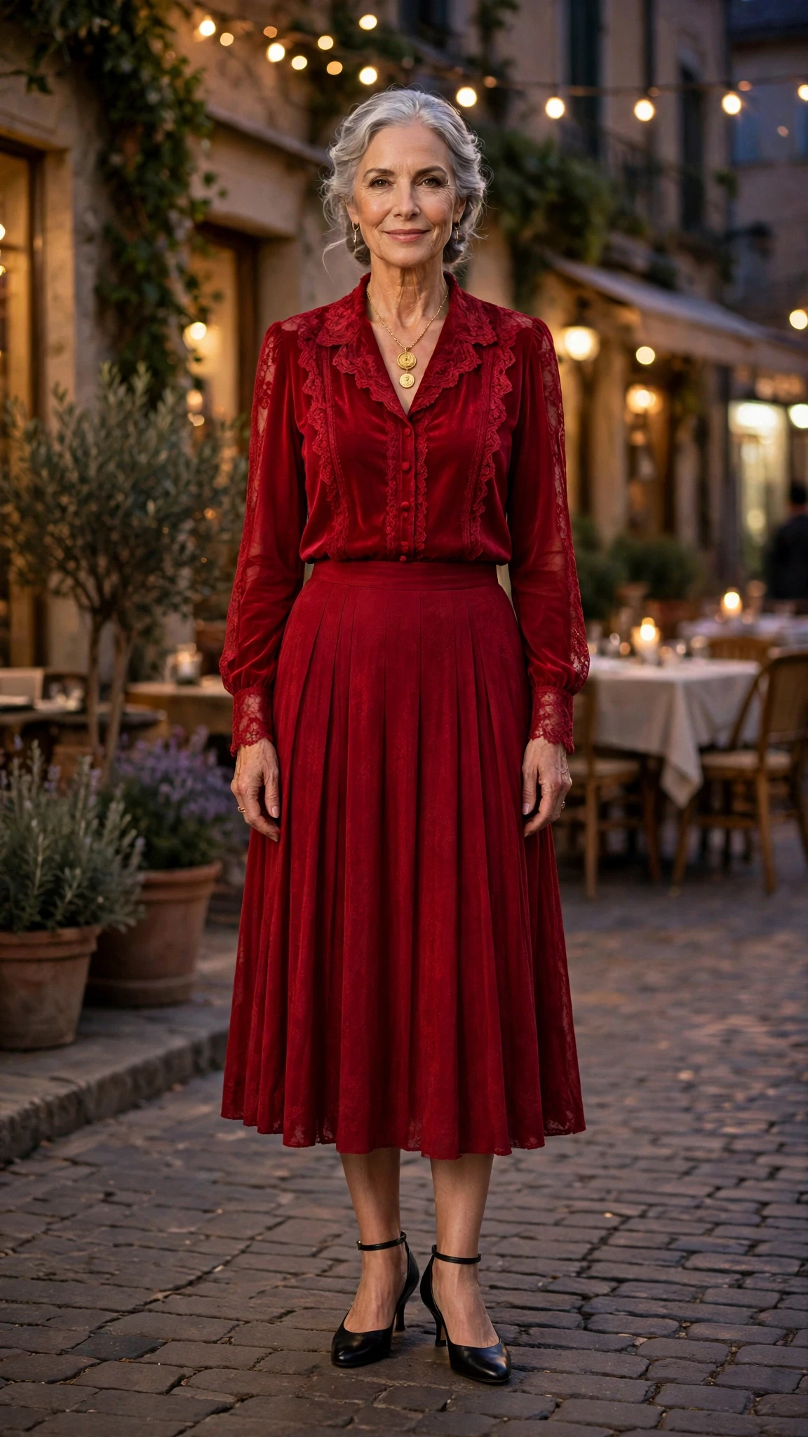 Crimson Lace-Trim Blouse and Midi Skirt with a gold pendant necklace