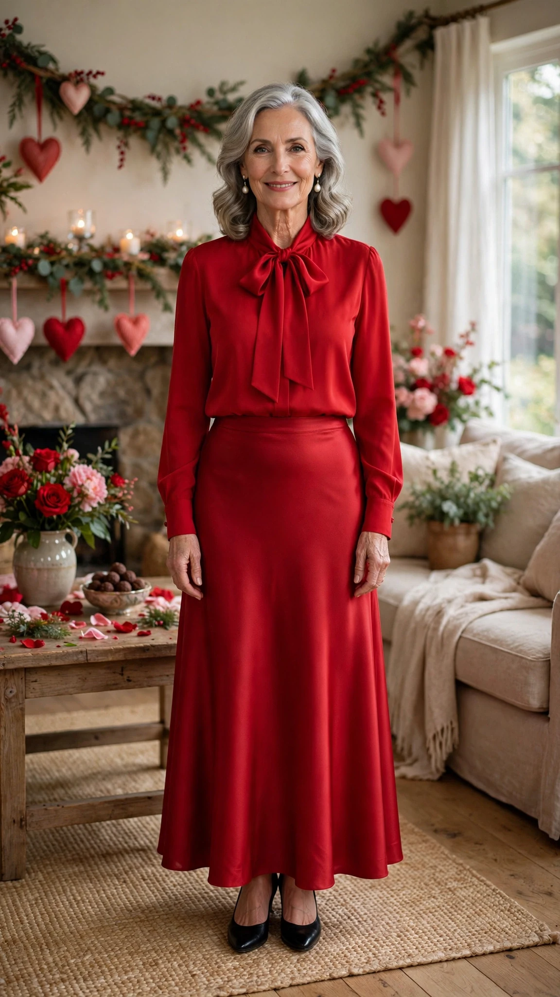 Scarlet Bow Blouse and Satin Skirt with pearl drop earrings