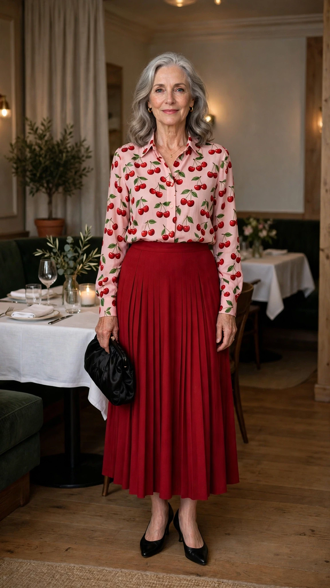 Cherry Printed Blouse and Red Skirt with a black satin clutch