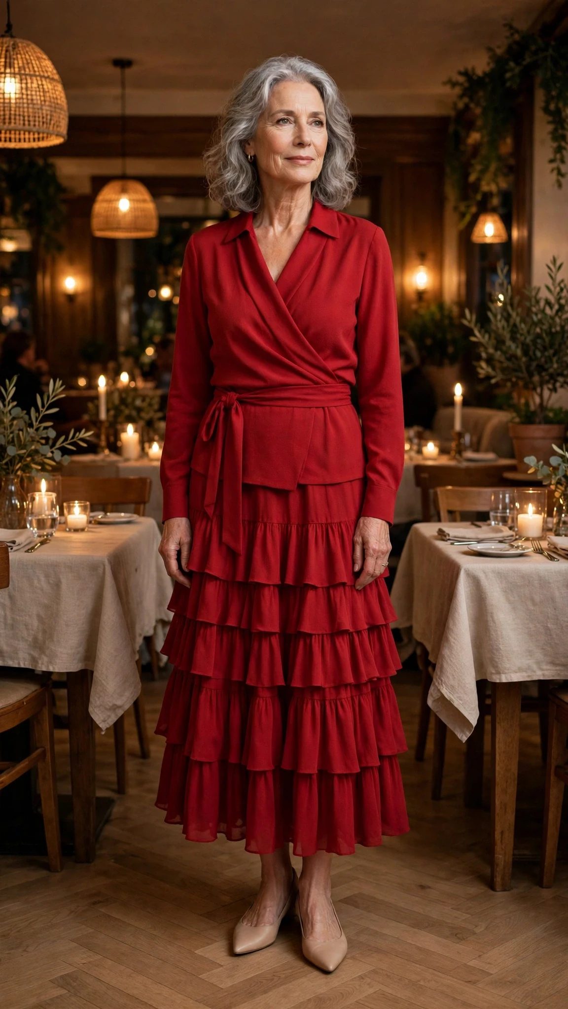 Scarlet Wrap Blouse and Tiered Skirt with nude pointed flats
