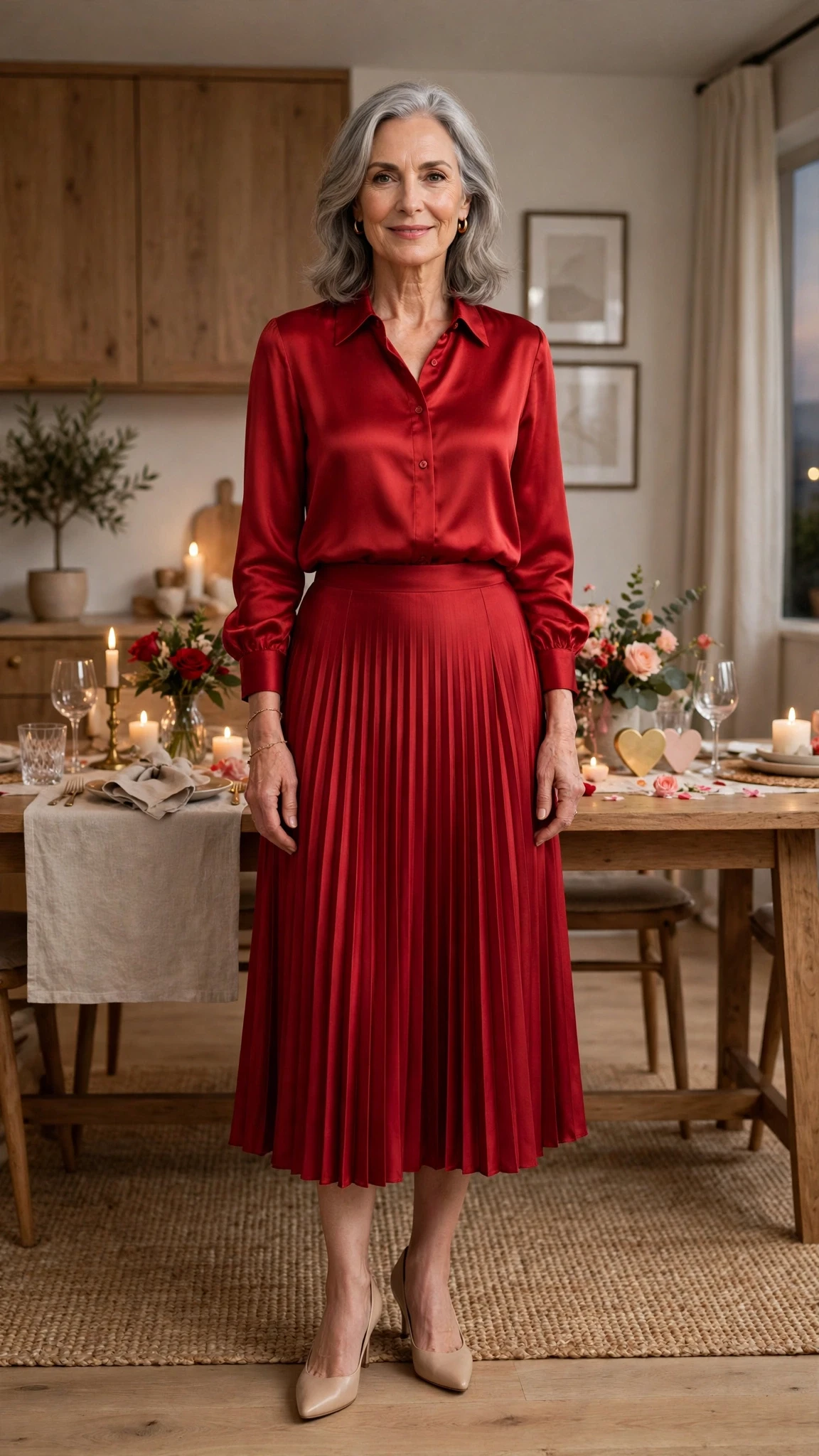 Scarlet Silk Blouse and Midi Skirt with a delicate gold bracelet