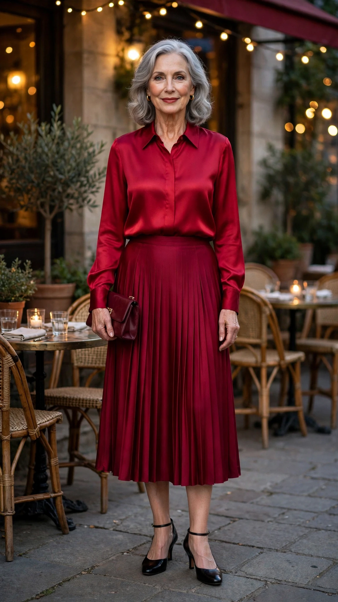 Ruby Silk Blouse and Midi Skirt with a burgundy clutch