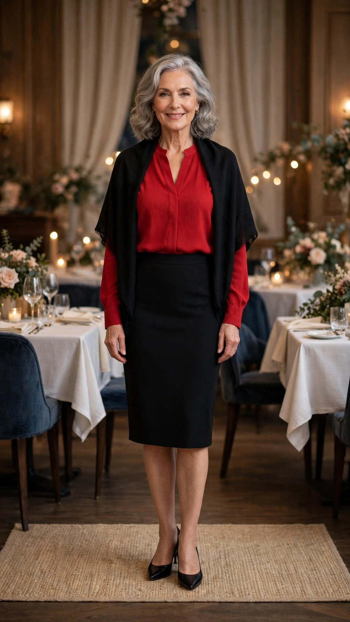 Red Crepe Blouse and Pencil Skirt with a soft black shawl