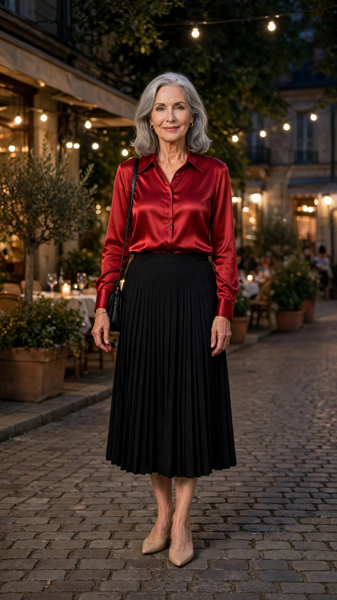 Red Satin Blouse and Pleated Skirt with nude pointed flats