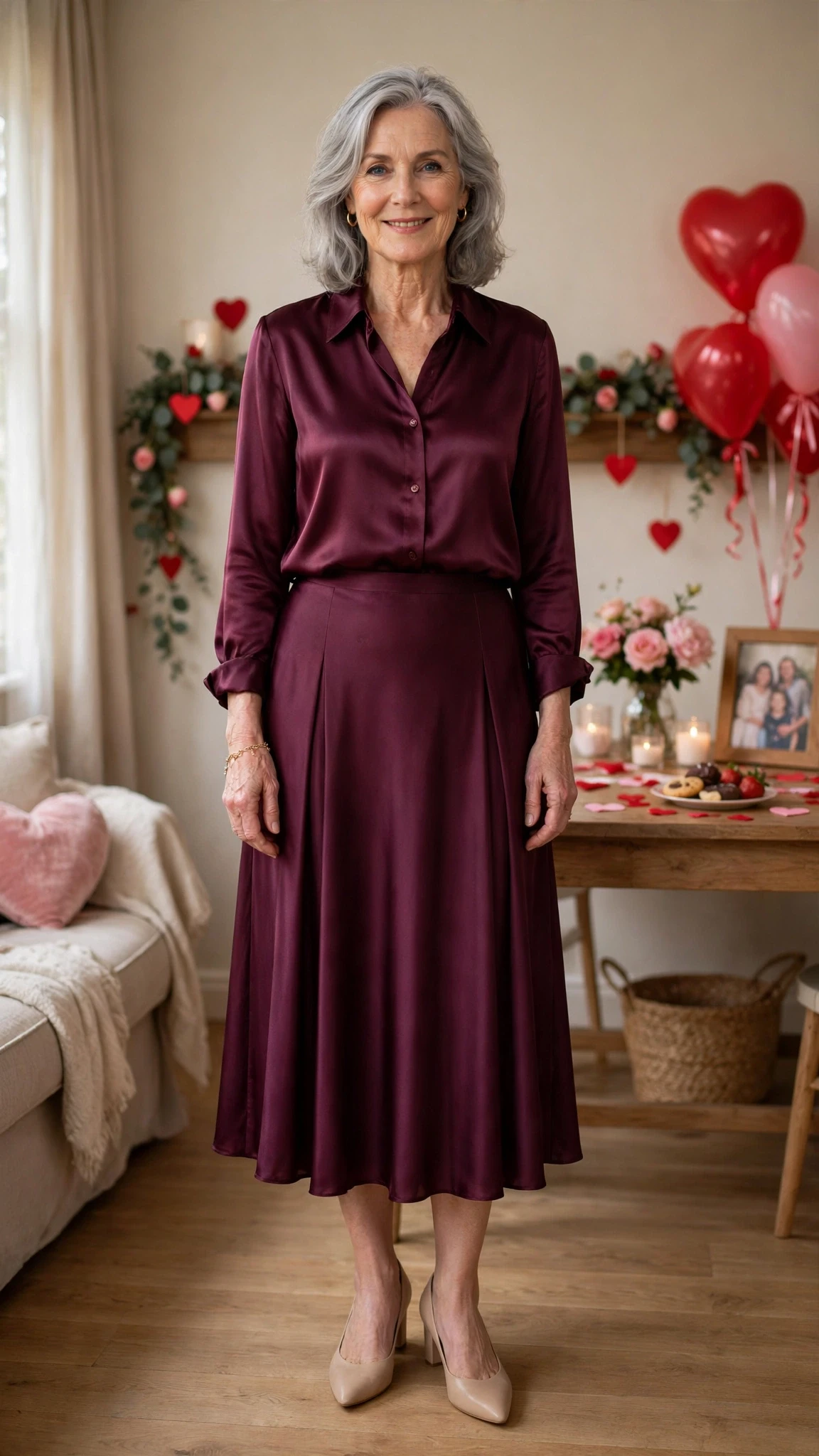 Wine Silk Blouse and Midi Skirt with a delicate gold bracelet