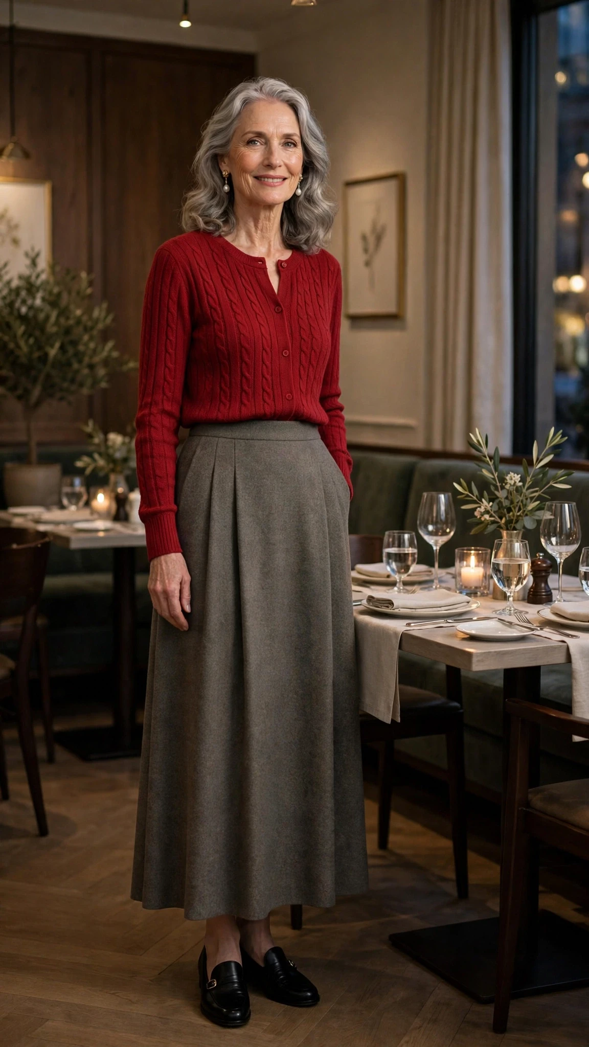 Cherry Knit Blouse and Wool Skirt with pearl drop earrings