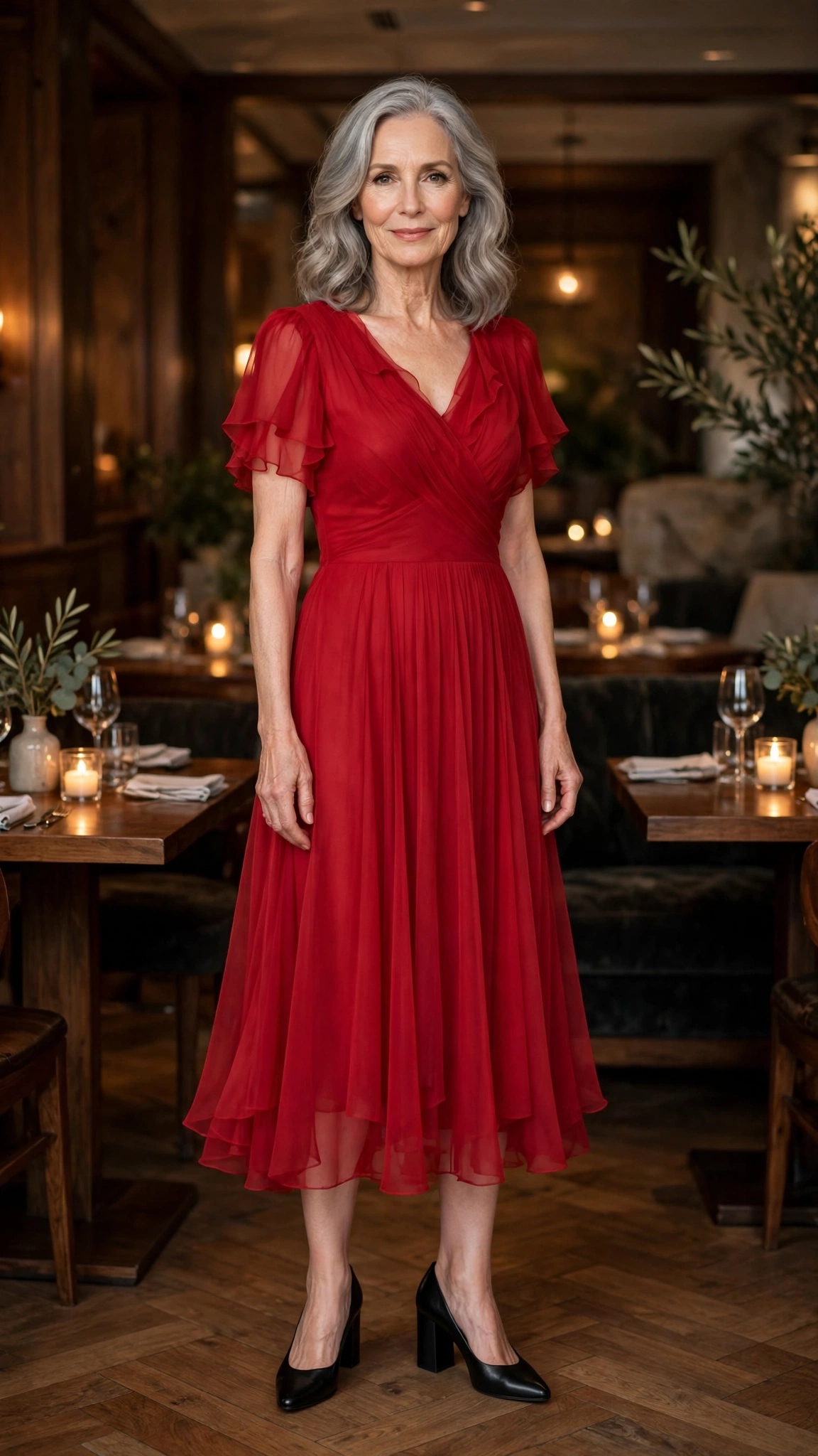33 Women Over 60 Red Dress Outfits for Valentine Dinners That Are Chic, Romantic and Elegant 2 Cherry Red Chiffon Midi Dress with black block-heel pumps