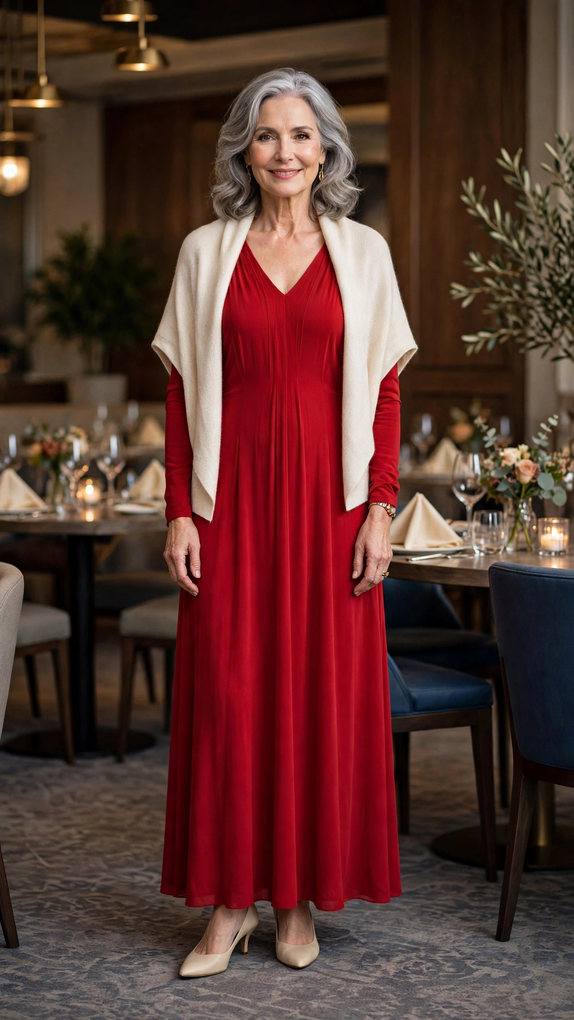 33 Women Over 60 Red Dress Outfits for Valentine Dinners That Are Chic, Romantic and Elegant 5 Scarlet Maxi Dress with a cream wrap