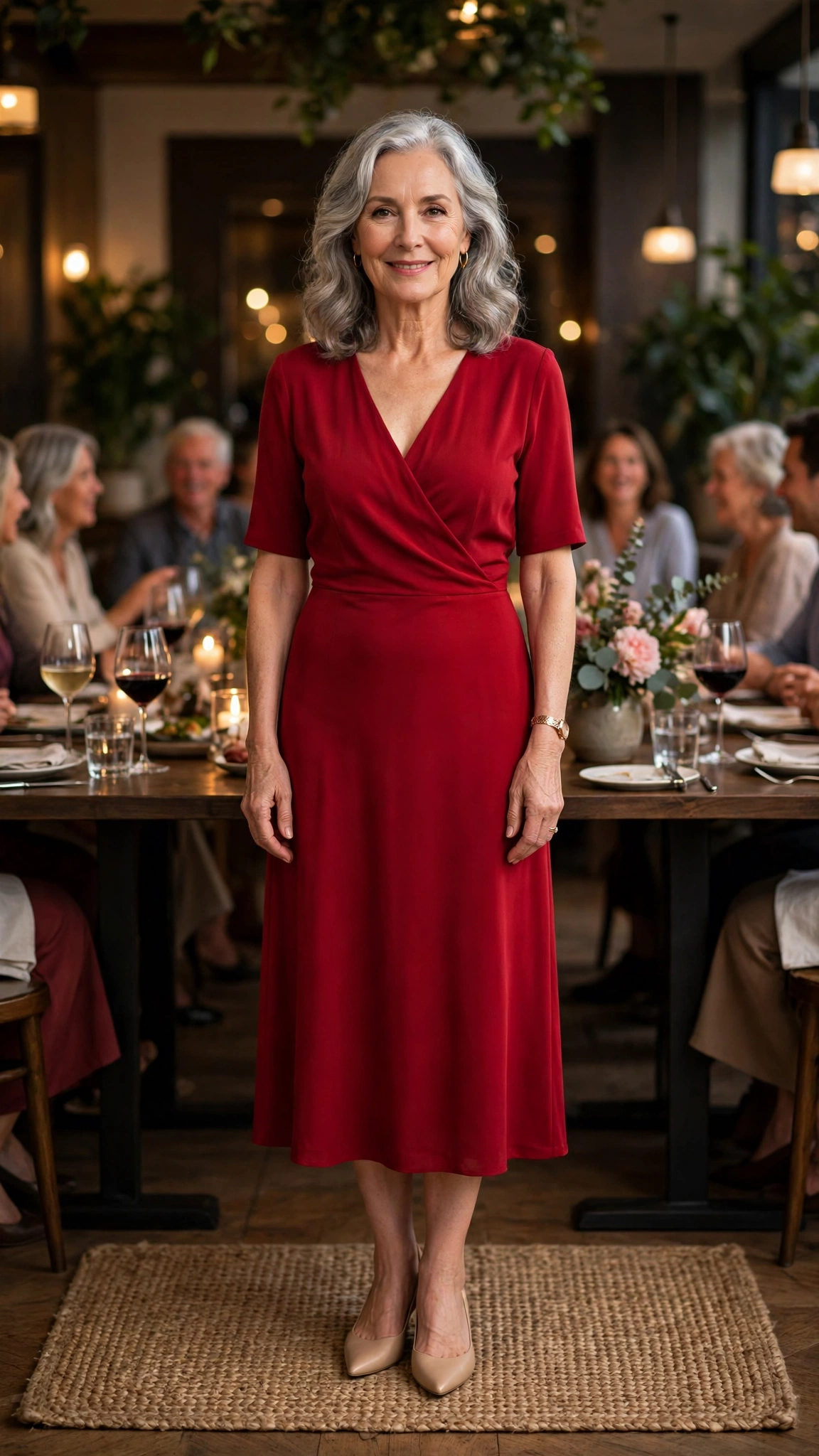 33 Women Over 60 Red Dress Outfits for Valentine Dinners That Are Chic, Romantic and Elegant 6 Ruby Red V-Neck Midi Dress with nude pointed flats