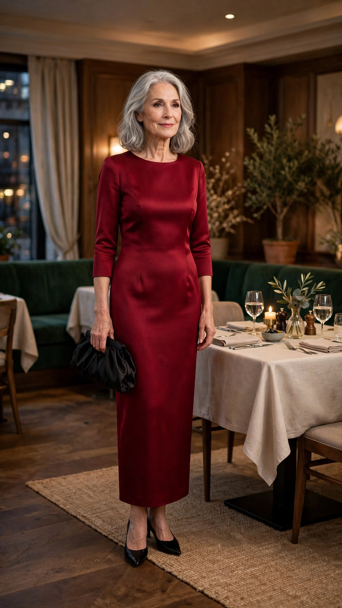 33 Women Over 60 Red Dress Outfits for Valentine Dinners That Are Chic, Romantic and Elegant 9 Deep Crimson Sheath Dress with a black satin clutch