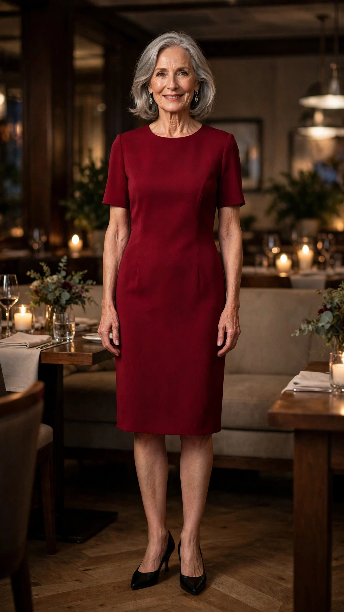 33 Women Over 60 Red Dress Outfits for Valentine Dinners That Are Chic, Romantic and Elegant 10 Wine Red Knee-Length Shift Dress with silver drop earrings