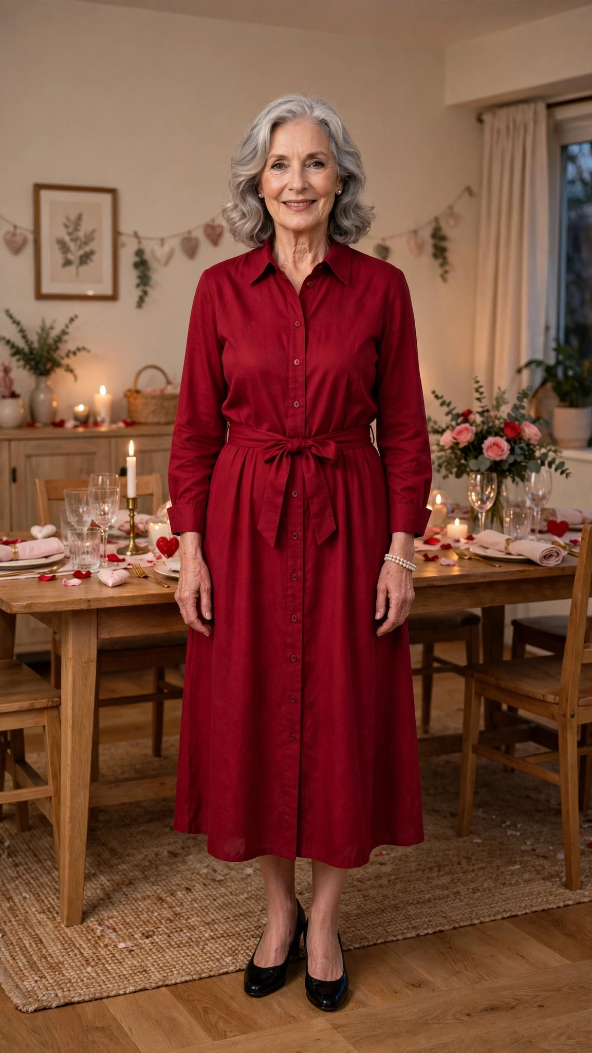 33 Women Over 60 Red Dress Outfits for Valentine Dinners That Are Chic, Romantic and Elegant 11 Deep Crimson Shirt Dress with a pearl bracelet