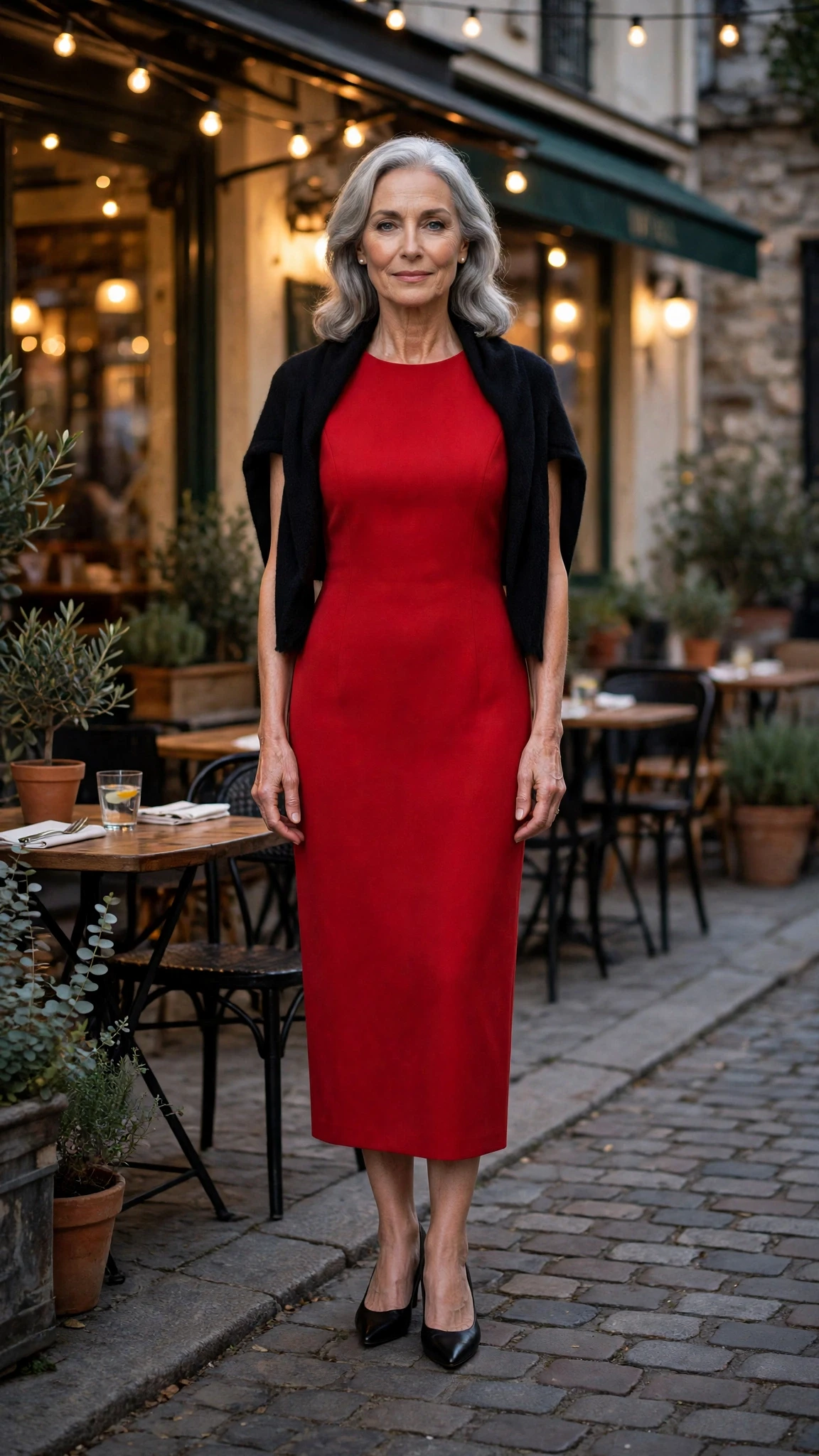 33 Women Over 60 Red Dress Outfits for Valentine Dinners That Are Chic, Romantic and Elegant 12 Scarlet Sleeveless Sheath Dress with a soft black shawl