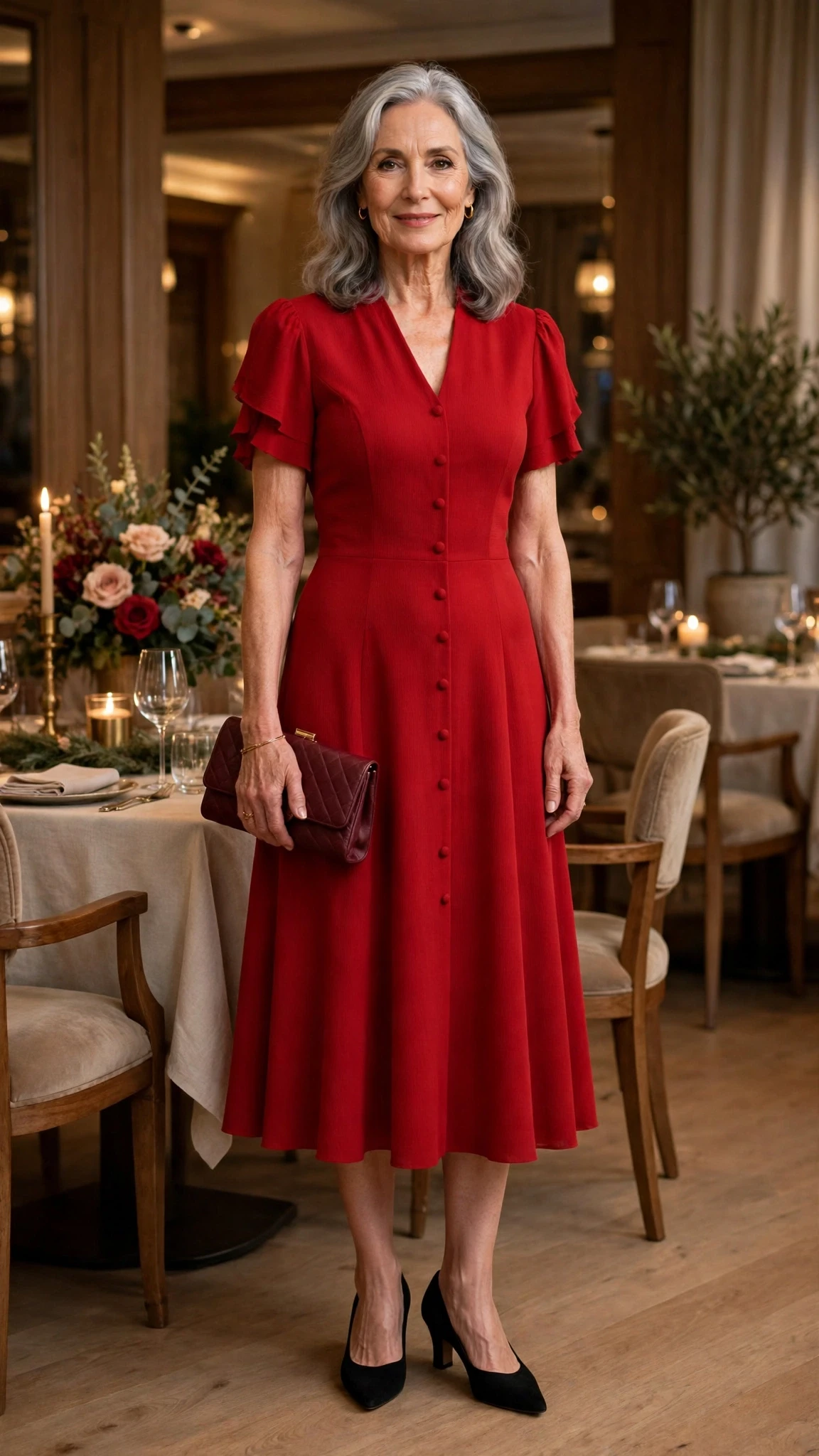 33 Women Over 60 Red Dress Outfits for Valentine Dinners That Are Chic, Romantic and Elegant 13 Scarlet Crepe Midi Dress with a burgundy clutch