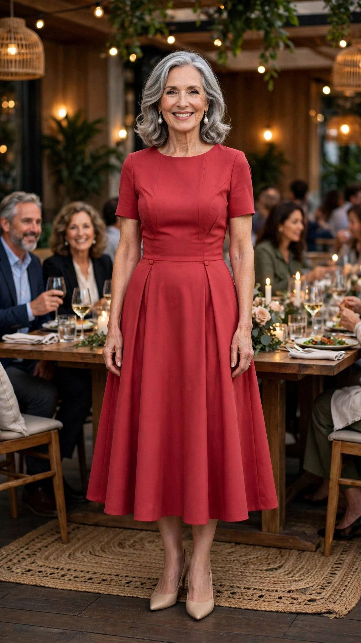 33 Women Over 60 Red Dress Outfits for Valentine Dinners That Are Chic, Romantic and Elegant 14 Rose Red Fit-and-Flare Dress with pearl drop earrings