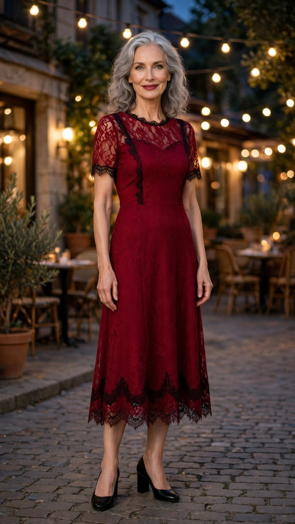 33 Women Over 60 Red Dress Outfits for Valentine Dinners That Are Chic, Romantic and Elegant 15 Wine Red Lace-Trim Midi Dress with black block-heel pumps