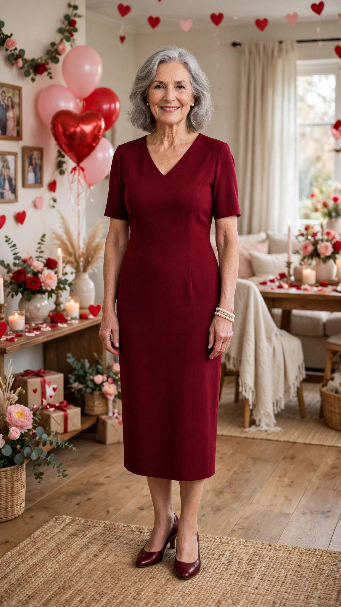 33 Women Over 60 Red Dress Outfits for Valentine Dinners That Are Chic, Romantic and Elegant 16 Burgundy Red Sheath Dress with a pearl bracelet