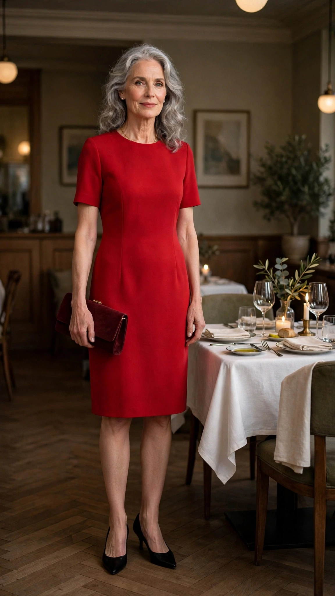 33 Women Over 60 Red Dress Outfits for Valentine Dinners That Are Chic, Romantic and Elegant 17 Scarlet Knee-Length Shift Dress with a burgundy clutch
